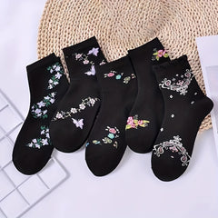 5 Pairs Floral Print Socks Comfy & Soft Crew Socks Women's Stockings