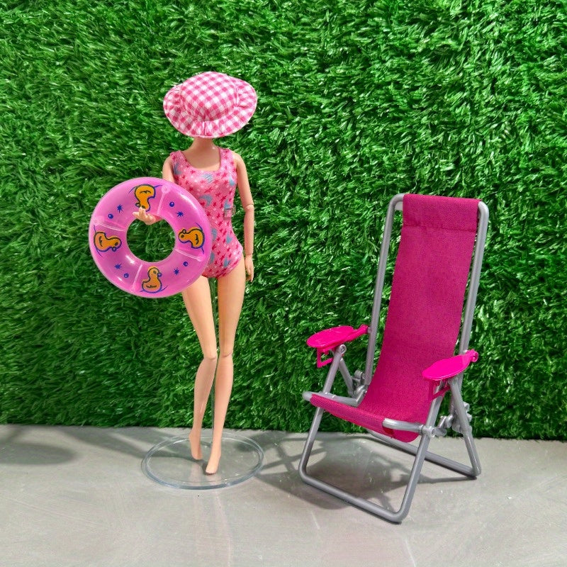 Dollhouse Beach Set with Chair, Ring, Hat, Swimsuit & Decor