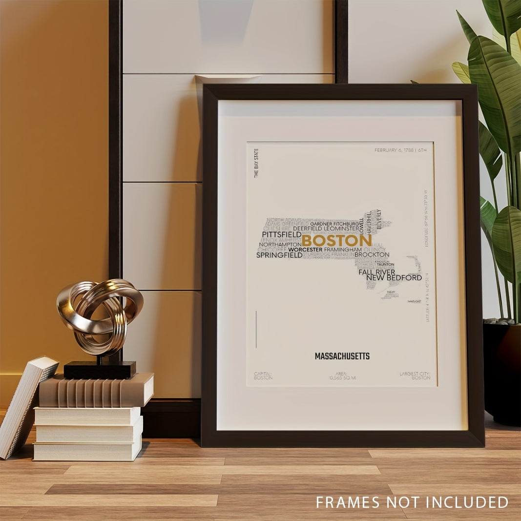 Massachusetts State Letter Map Sticker Modern Typography Art