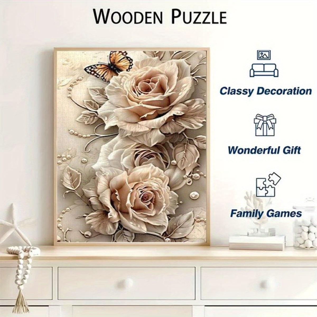 3D Embossed Rose Puzzle with Butterflies & Pearls High Difficulty