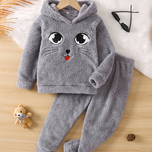 Girls Cartoon Fleece Hooded Sweatshirt & Pants Set