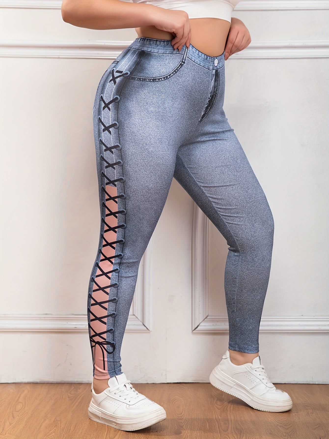 Women's Plus Denim Print High Waisted Skinny Leggings
