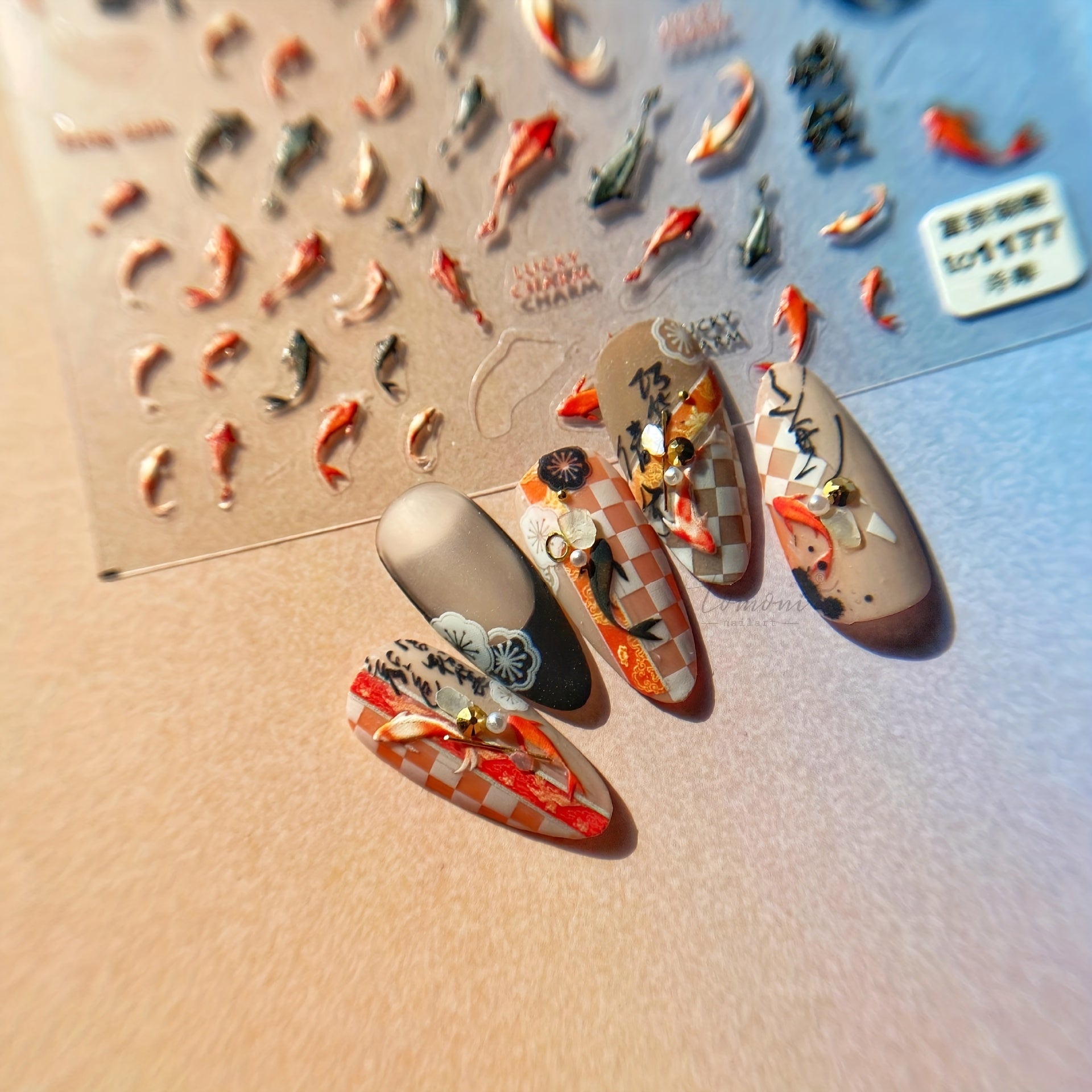 5D Red Koi Fish Goldfish Nail Stickers Decals Chinese Style Nail Art