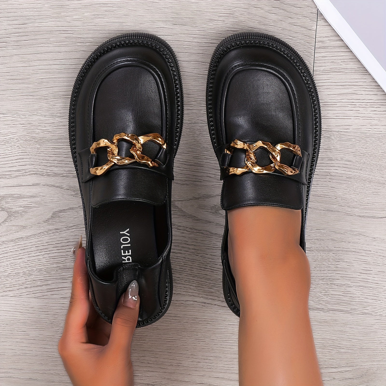 Chain Decor Chunky Heel Loafers Slip On Comfortable Walking Shoes