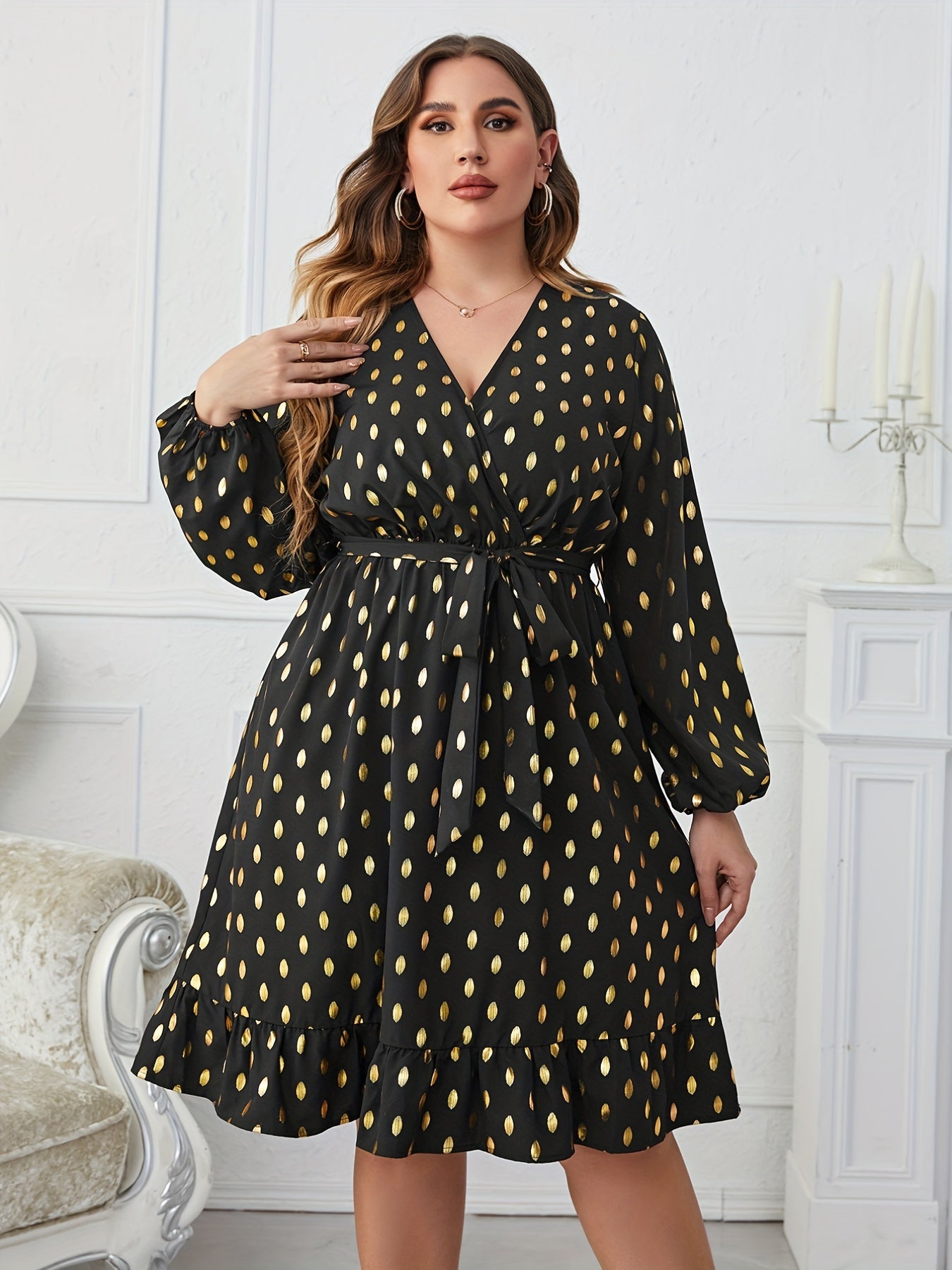 Women's Plus Dot Print Long Sleeve Surplice Neck Dress With Belt