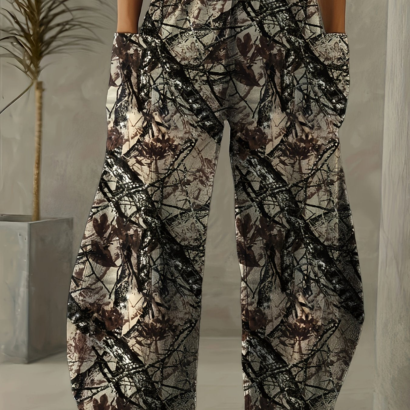  Random Print Wide Leg Trousers with Pockets