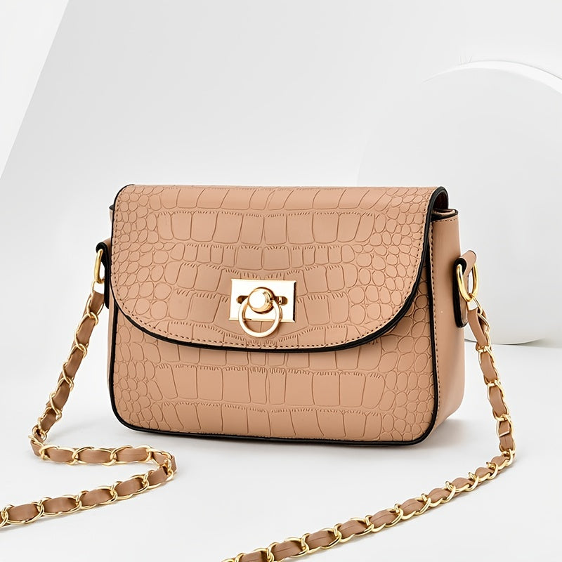Crocodile Embossed Square Bag with Chain Strap for Work