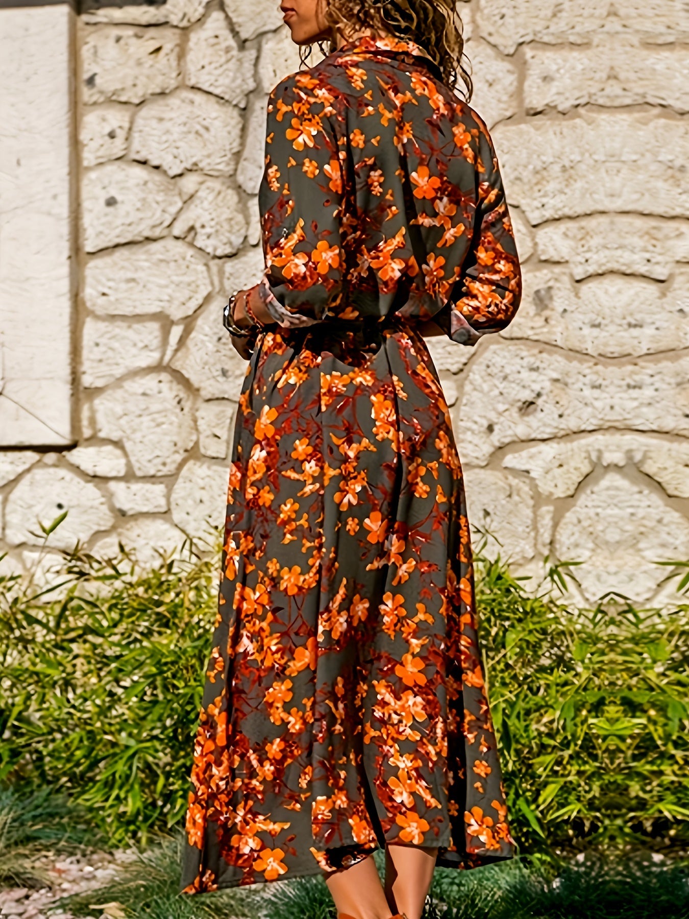  Floral Print Boho Shirt Dress with Belt