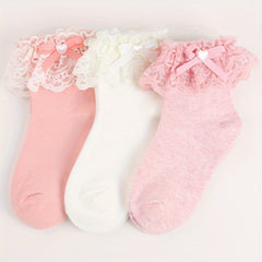 3 Pairs Girl Socks Love Bow Ruffled Princess Socks