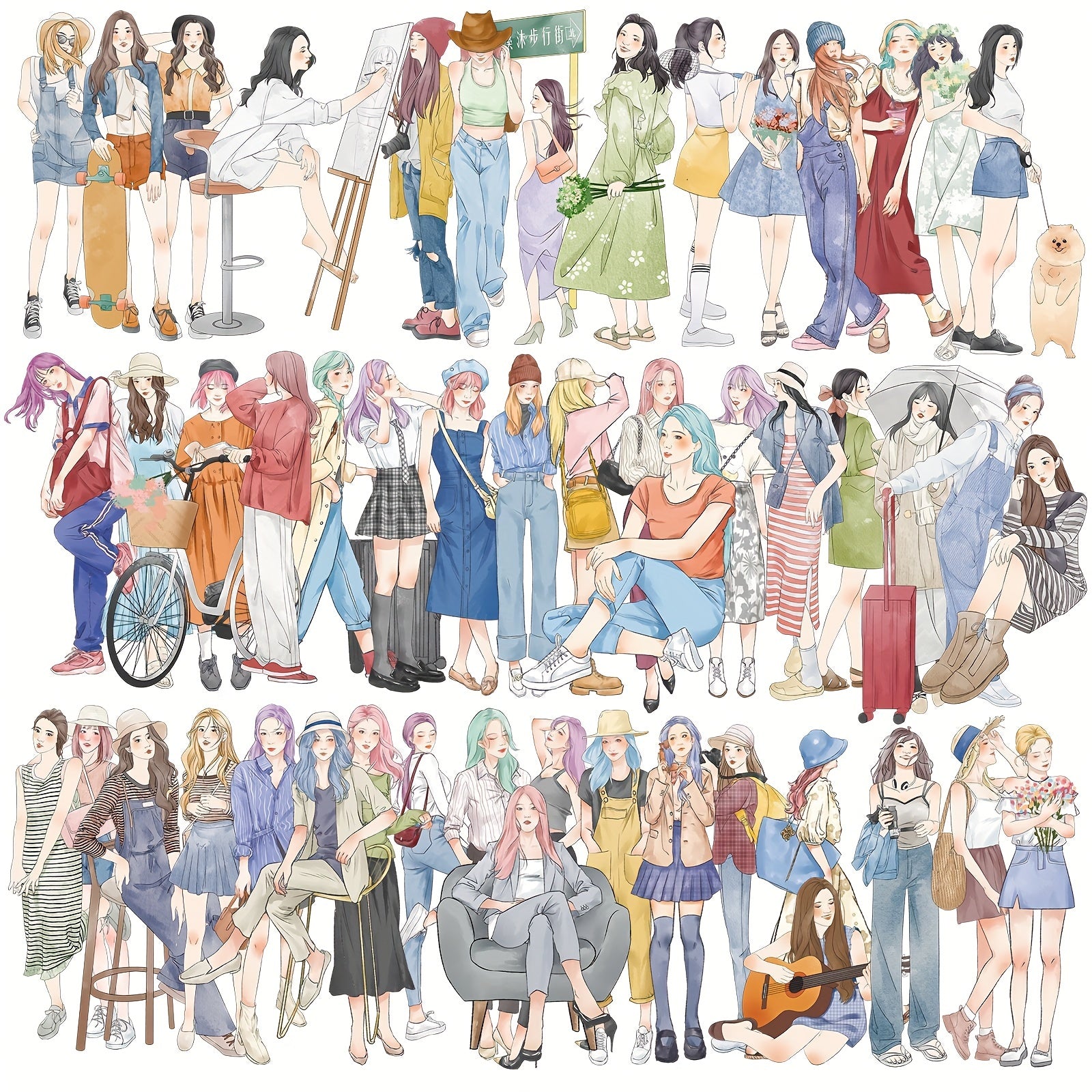 50pcs Girls Women Spring Summer Style Stickers for Journaling Scrapbooking