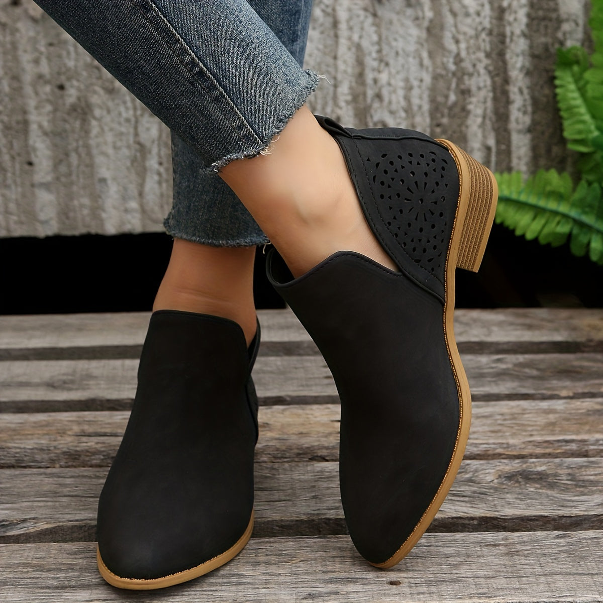 Women's Perforated Short Boots Retro Pointed Toe Stacked Chunky Heels