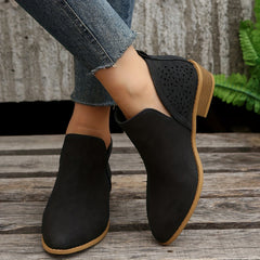 Women's Perforated Short Boots Retro Pointed Toe Stacked Chunky Heels