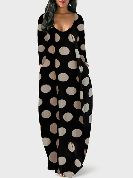  Dot Print Maxi Dress with Pockets
