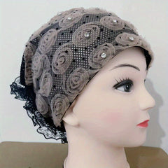 Mesh Flower Beanie Rhinestone Turban Cap Ramadan Head Wrap Lightweight Chemo Cap