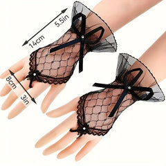 Sweet Bow Lace Gloves Solid Mesh Fingerless Gloves