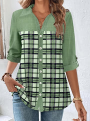  Colorblock Plaid Print Button Up Roll Up Sleeve Blouse