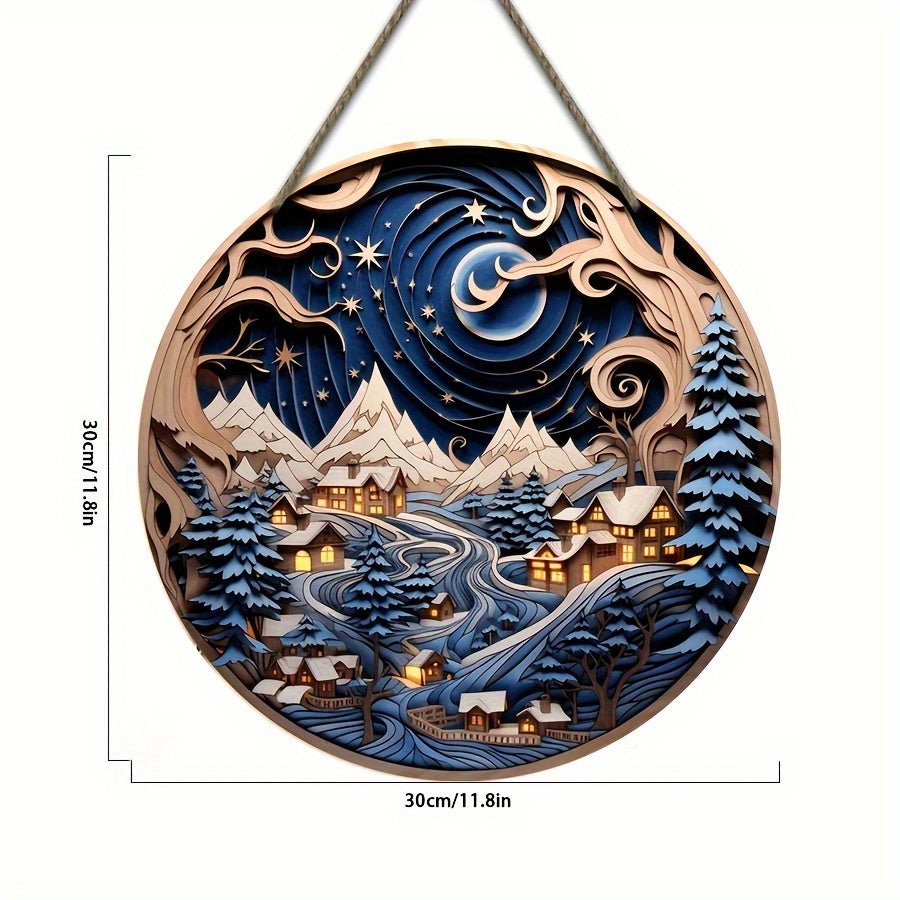 Xmas Door Hanging Starry Sky Village Night Scene Signboard Decoration
