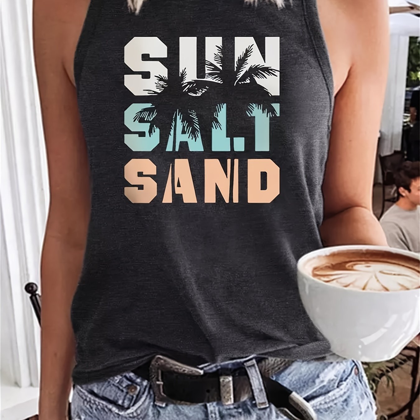 Sun Salt Sand Print Tank Top Sleeveless Crew Neck Beach Tank