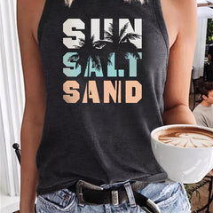Sun Salt Sand Print Tank Top Sleeveless Crew Neck Beach Tank