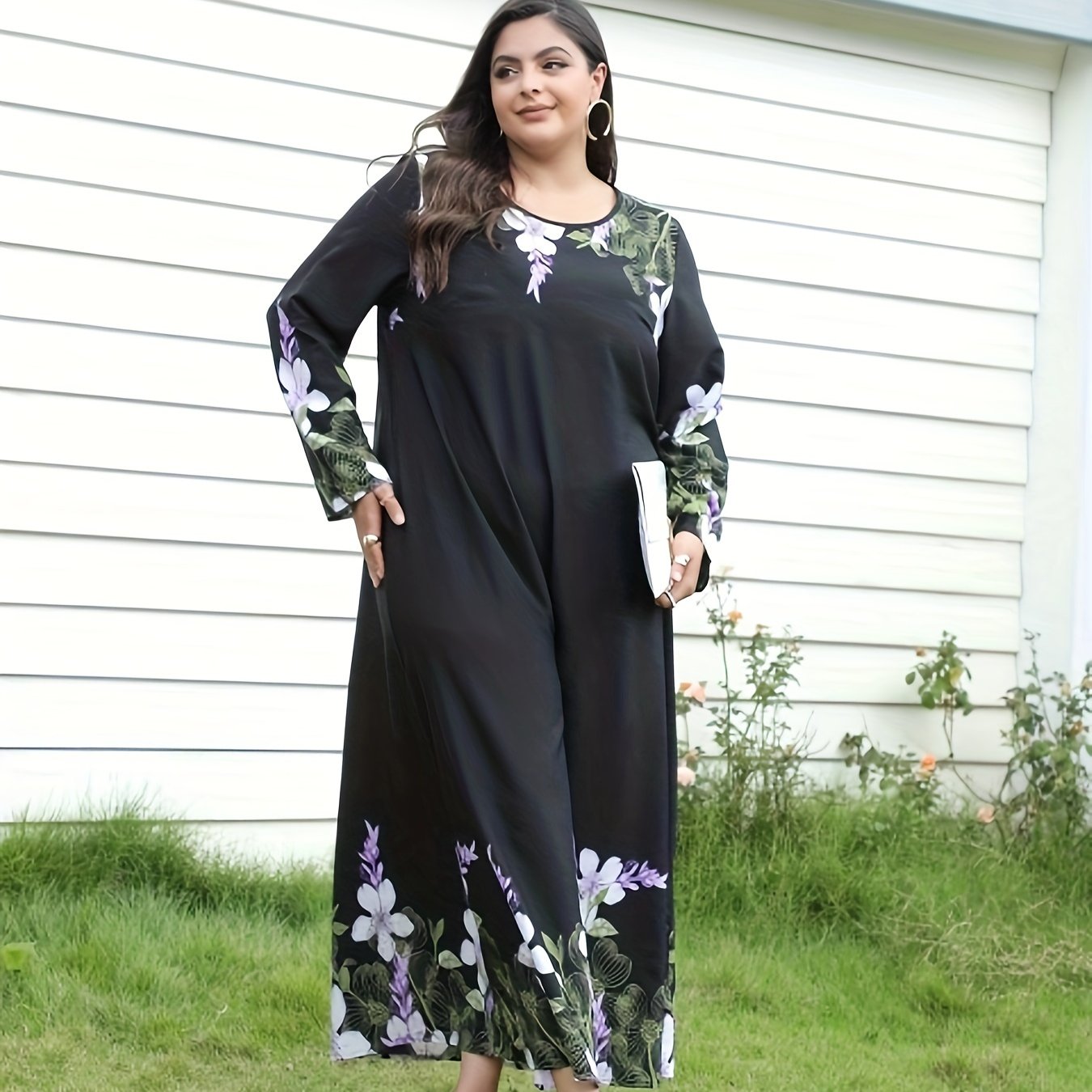  Boho Dress Women's Plus Floral Print Long Sleeve Maxi Dress