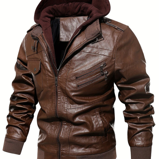Men's PU Leather Hooded Jacket for Outdoor Cycling