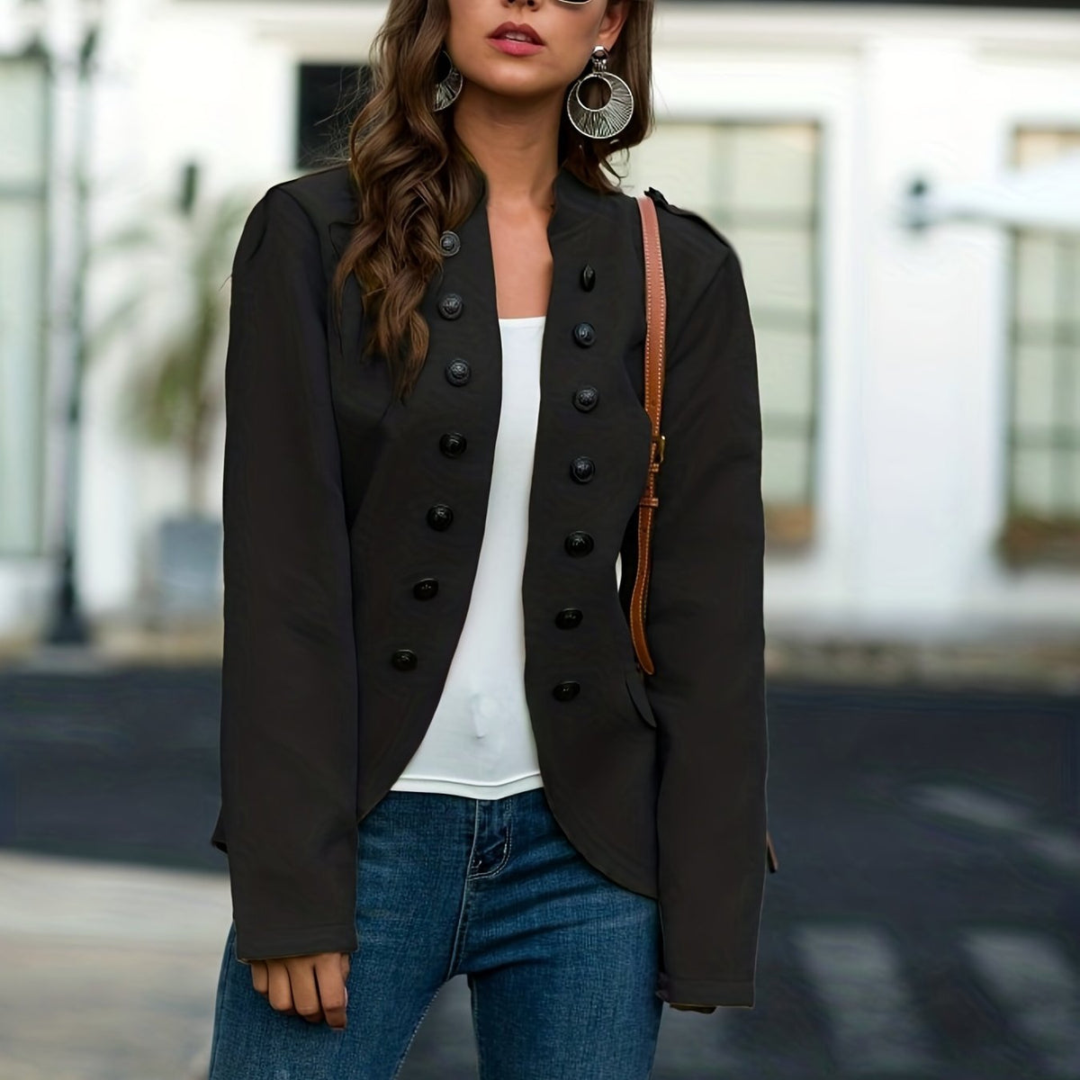 Button Decor Open Front Jacket Long Sleeve for Fall & Winter