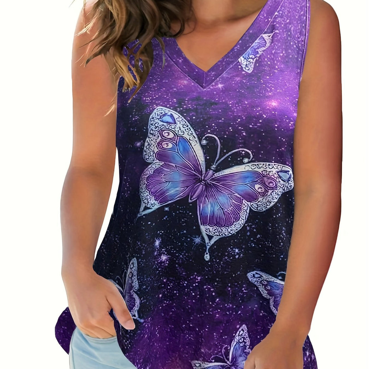  Butterfly Print V Neck Tank Top