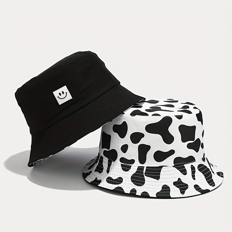 1pc Versatile Bucket Hat Double Sided Smile Face Cow Pattern Sun Hat