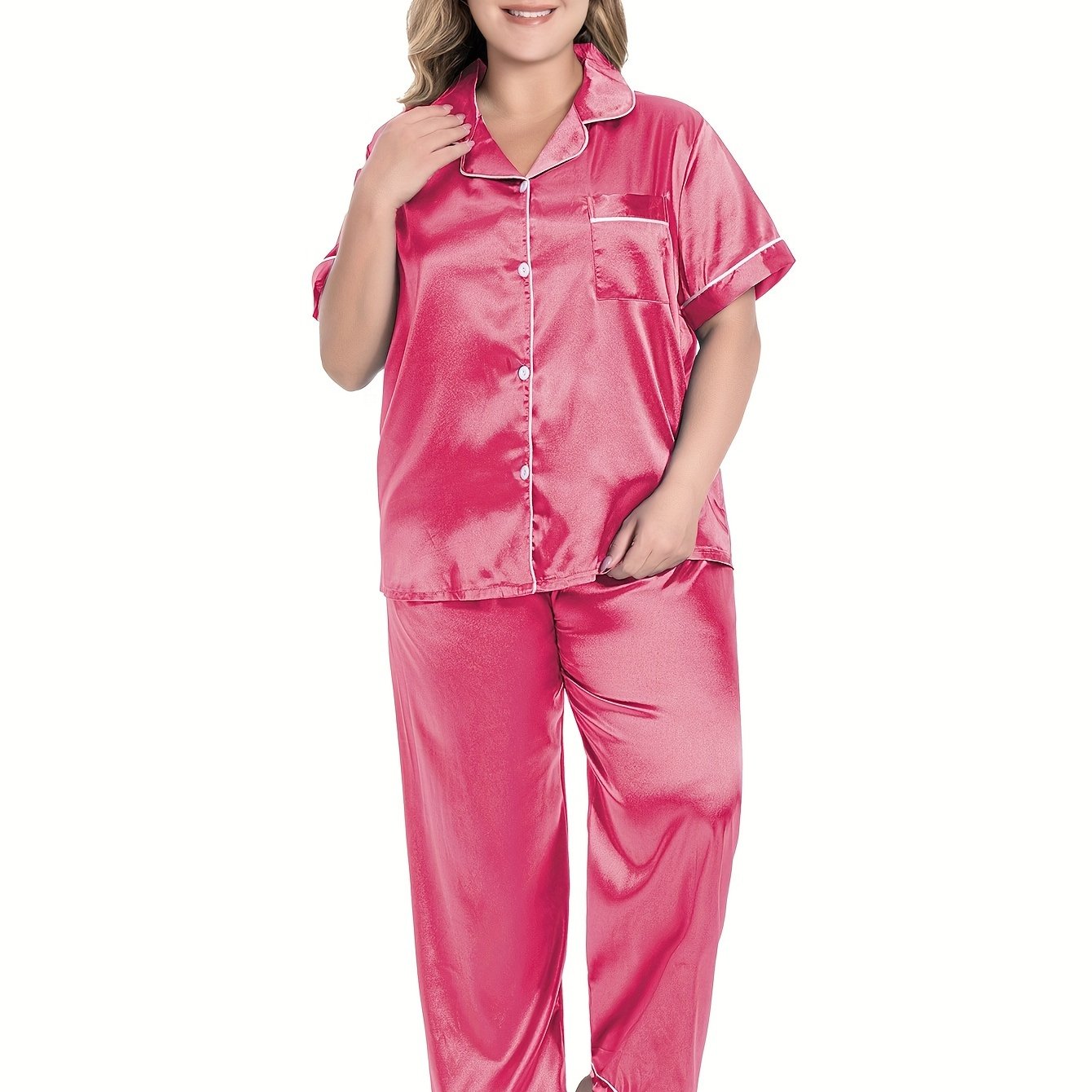  Satin Pajamas Set - Short Sleeve Button Up Shirt & Pants Lounge Set