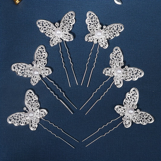 6pcs Butterfly Faux Pearl Hairpin Bridal Wedding Bobby Pin