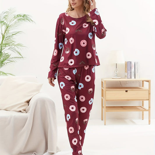 Donut Print Pajama Set Long Sleeve Crew Neck Top & Elastic Waistband Pants