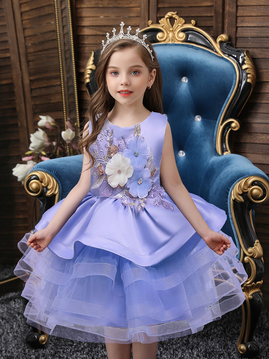 Girls Sleeveless Puffy Princess Dress Flowers Mesh Tutu Dress
