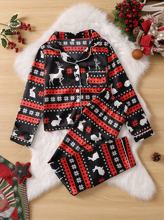 Kids Satin Lounge Wear Homewear Top & Pants Set Pajamas Set With Elk Pattern