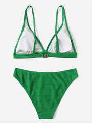 Textured V Neck Triangle Bikini Swimsuit
