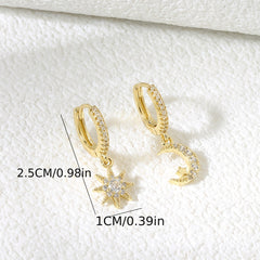 Sun & Moon Zircon Drop Hoop Earrings 18K Plated Ear Jewelry Gift