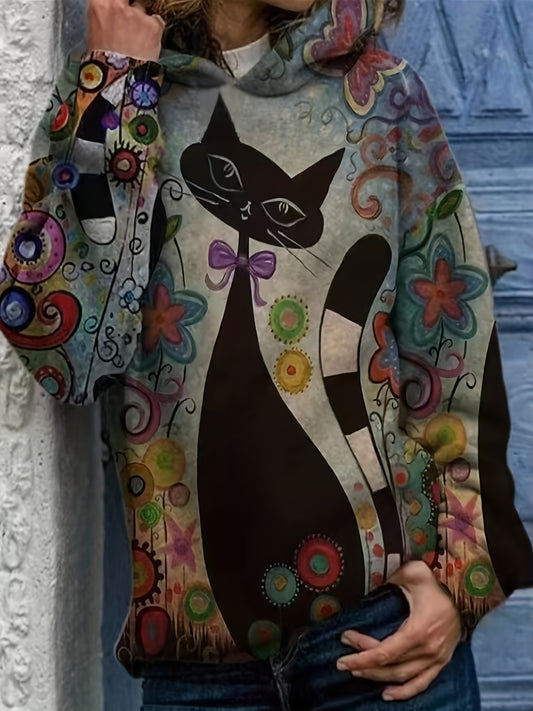 Cat Print Hoodie Long Sleeve Sweatshirt for Spring & Fall