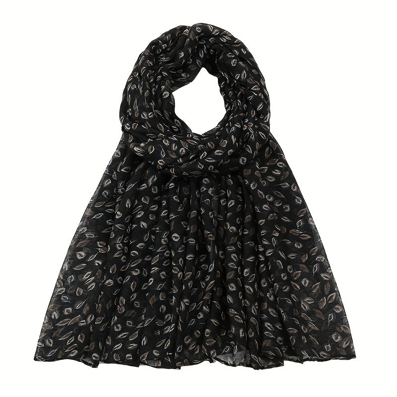 Dark Leaf Print Voile Scarf Boho Vintage Shawl Head Wrap