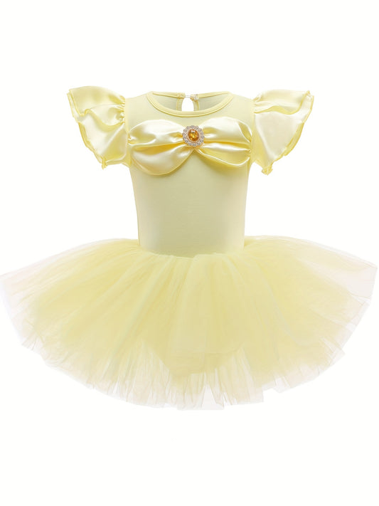 Girls Yellow Tulle Tutu Mesh Dress With Rhinestone Decoration