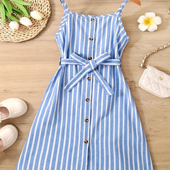 Girls Striped Button Front Belt Dress Casual Vacation Kids Clothes