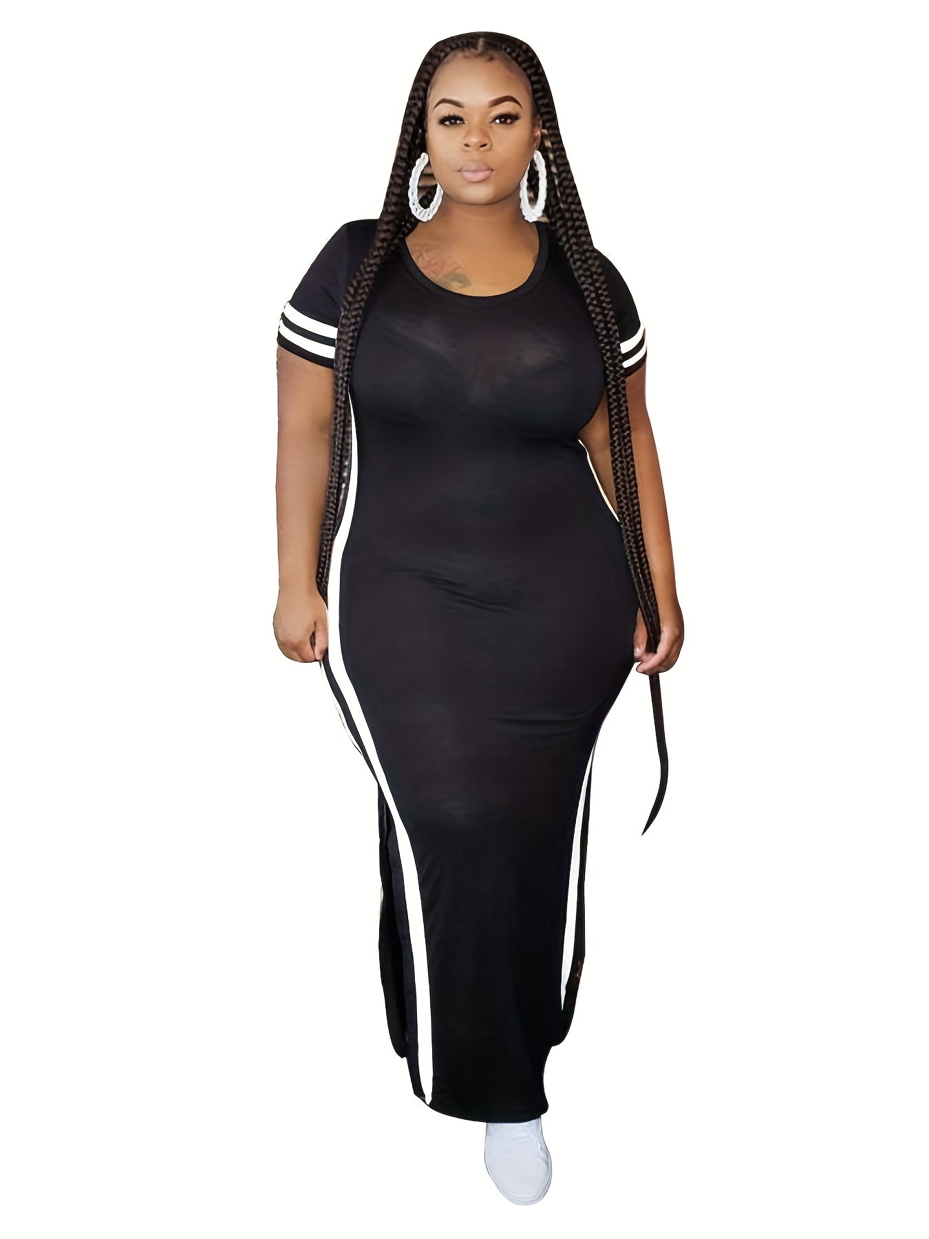  Stripe Print Short Sleeve Maxi Dress