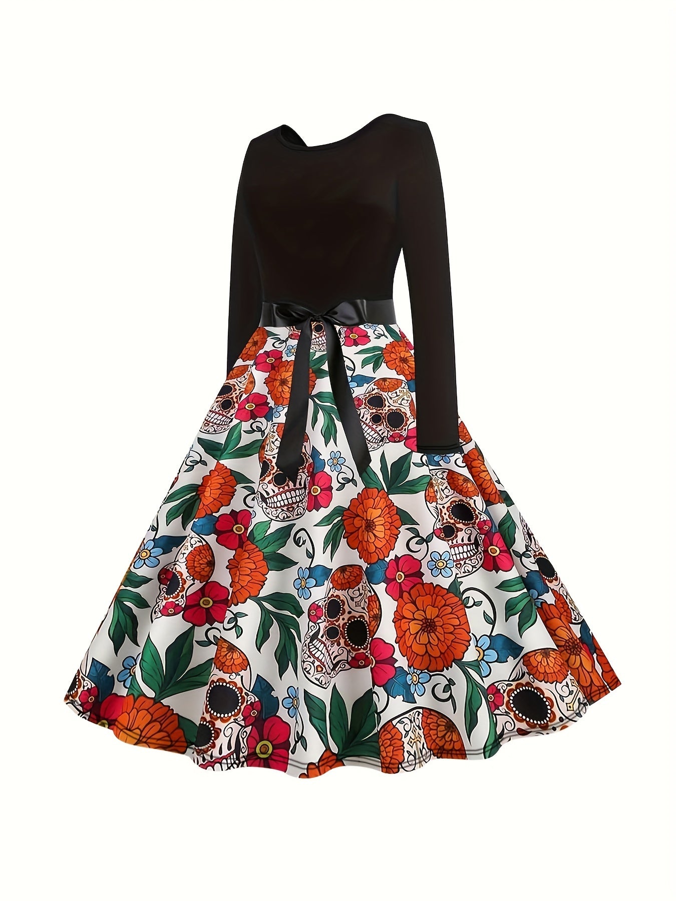  Gothic Floral & Skull Print Swing Dress