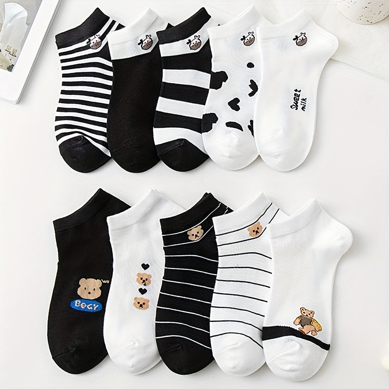 Cow & Bear Print Socks & Lightweight Cartoon Ankle Socks Women's Stockings