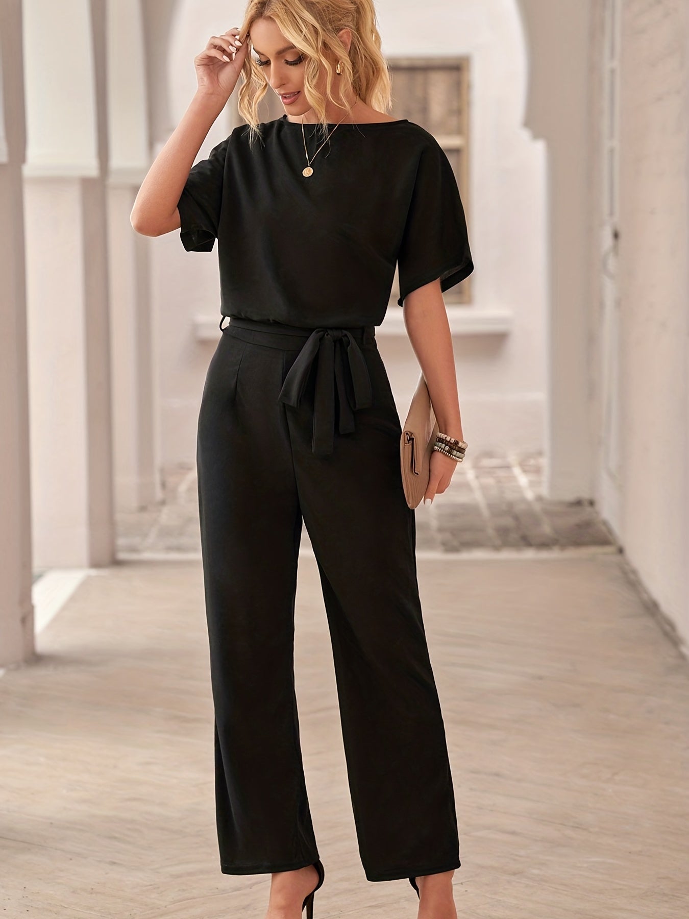 Solid Crew Neck Short Sleeve Jumpsuit High Waist Wide Leg Long Length With Belt