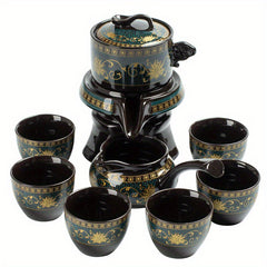 Retro Ceramic Tea Set with Stone Mill and Graphite Fortune Turn