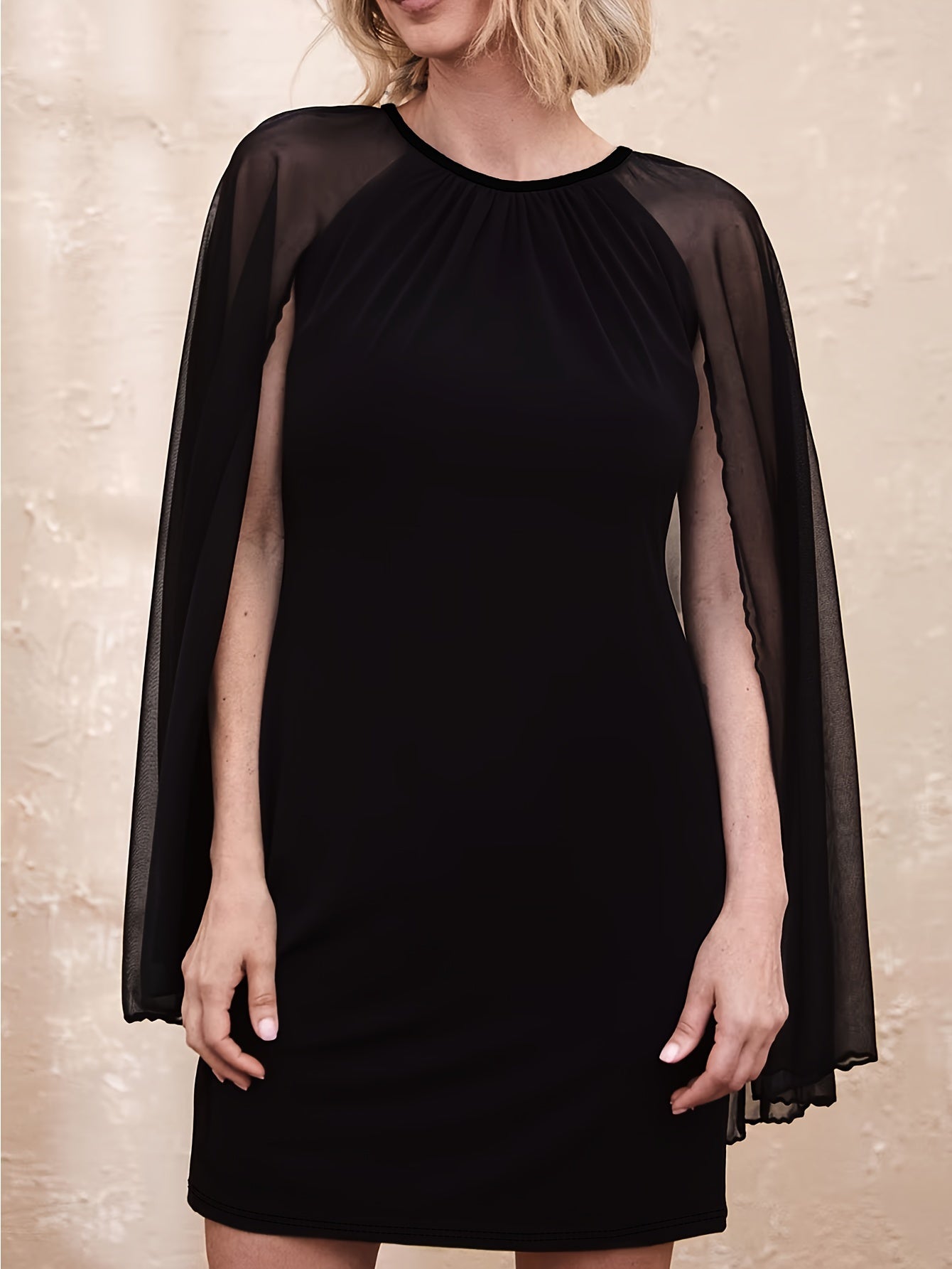  Contrast Mesh Split Cape Sleeve Dress