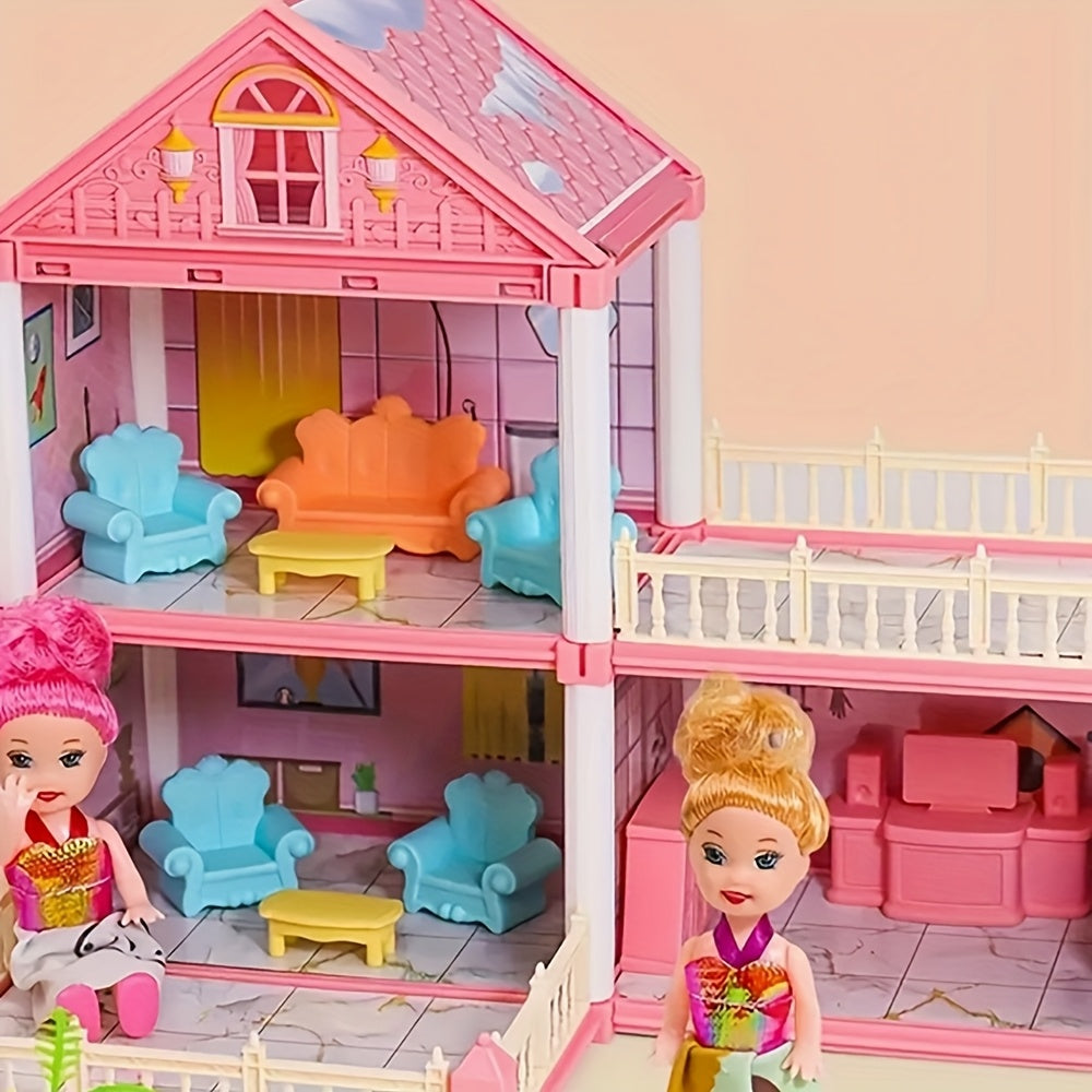 DIY Pink Doll House Playset with 4 Doll Figures and Puppy