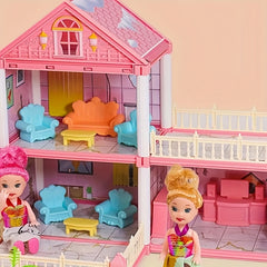 DIY Pink Doll House Playset with 4 Doll Figures and Puppy