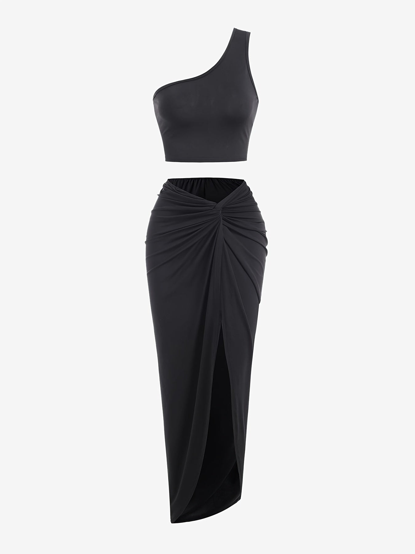 Sexy One Shoulder Crop Top & Front Skirt Set Women's Clothing