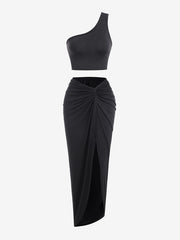 Sexy One Shoulder Crop Top & Front Skirt Set Women's Clothing