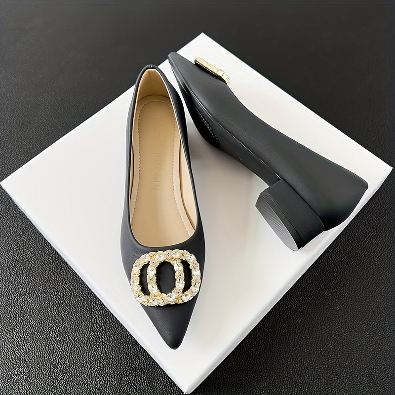 Women's Rhinestone Decor Slip-On Shallow Mouth Chunky Heel Shoes